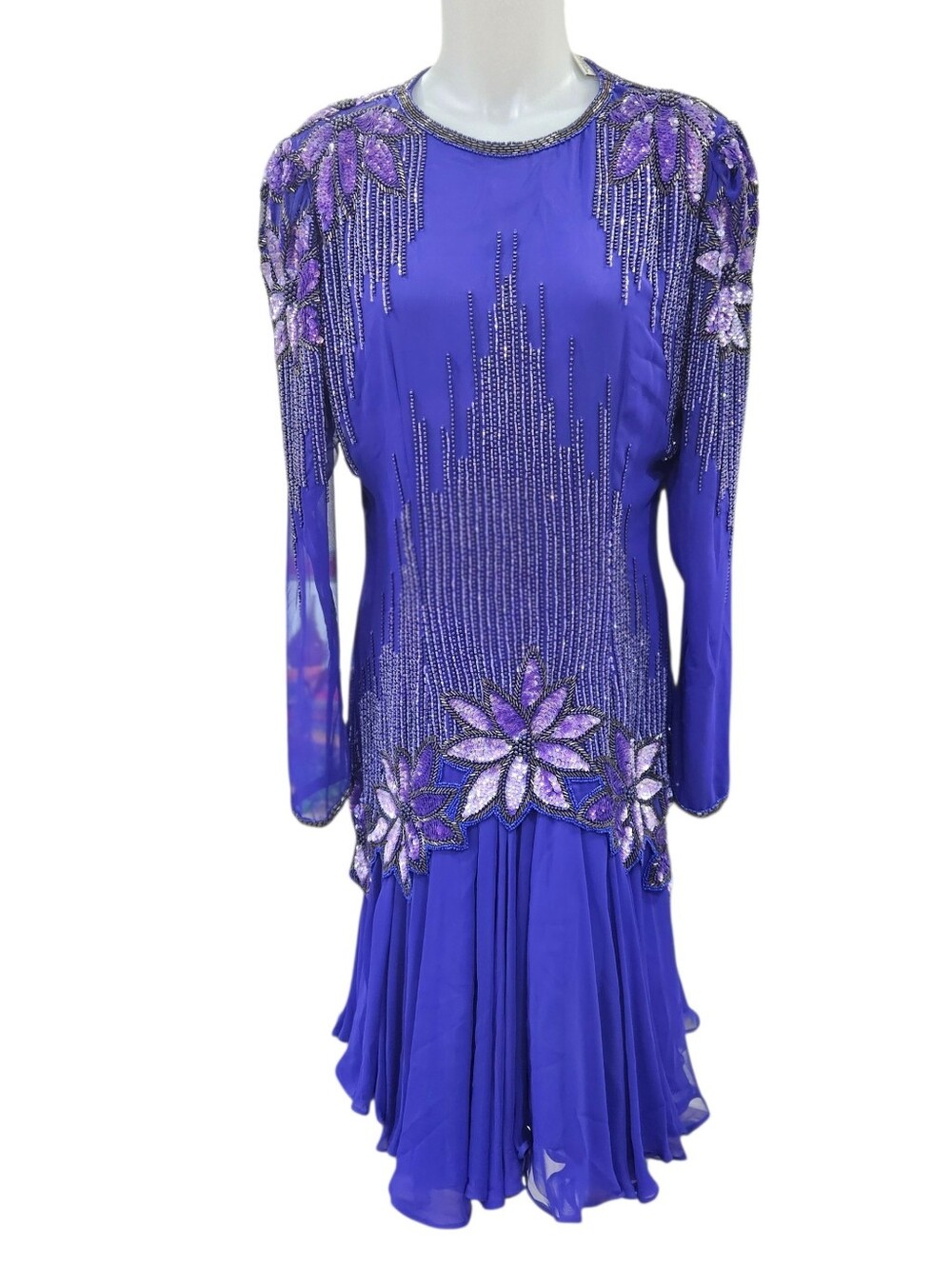 VTG Oleg Cassini Black Tie Purple Floral Sequins Beaded Drop Waist Ruffle Dress